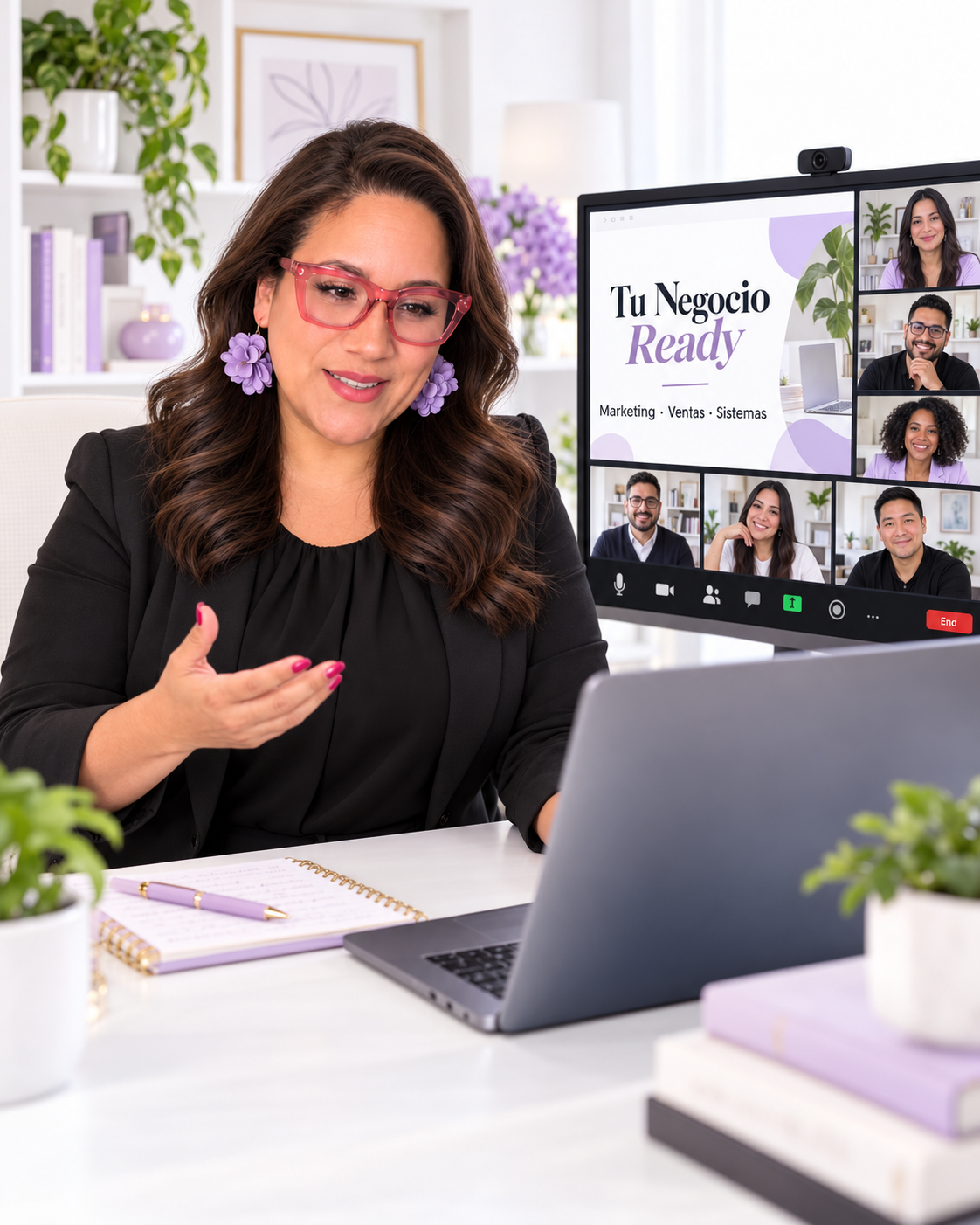 Escena ilustrativa de Sandra Yvette enseñando una clase por videollamada